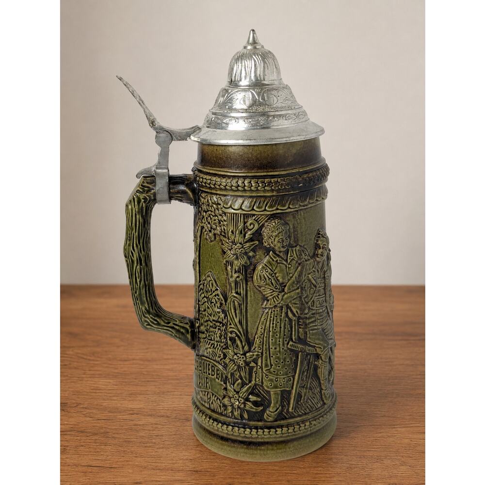Vintage West German Pewter Lidded Beer Stein Tavern Scene 10"